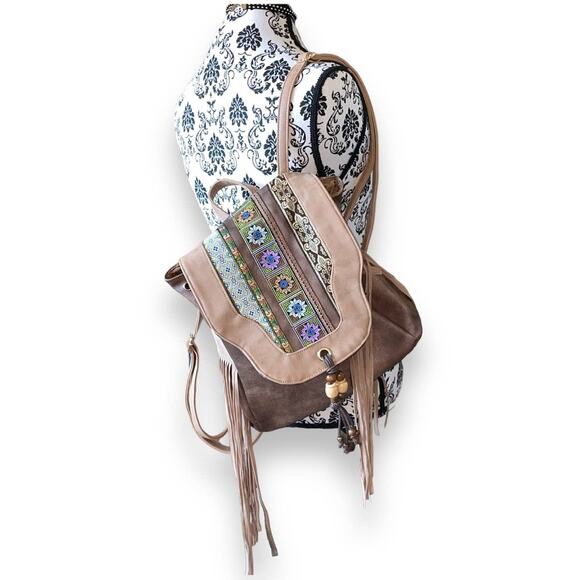BOHEMIAN FAUX LEATHER & TASSELS BEADED BACKPACK - Picture 1 of 8